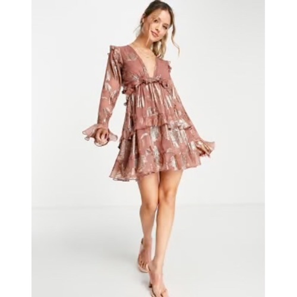 Altar'd State Mollee GG143 Burgundy Gold Metallic Floral Mini Dress Medium - Picture 2 of 15